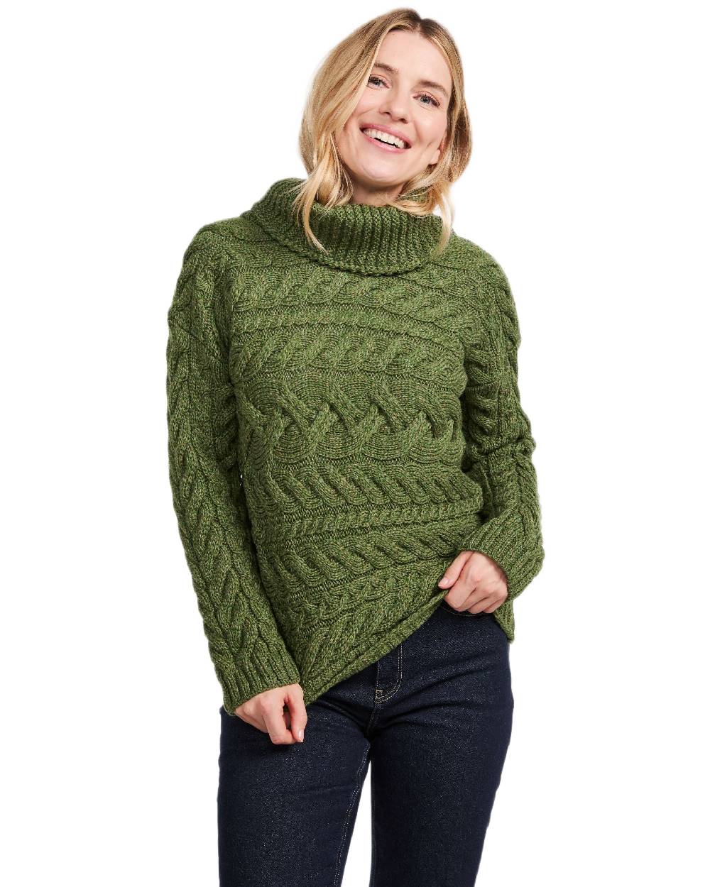 Green Coloured Aran Womens Derreen Horizontal Cable Sweater on white background 