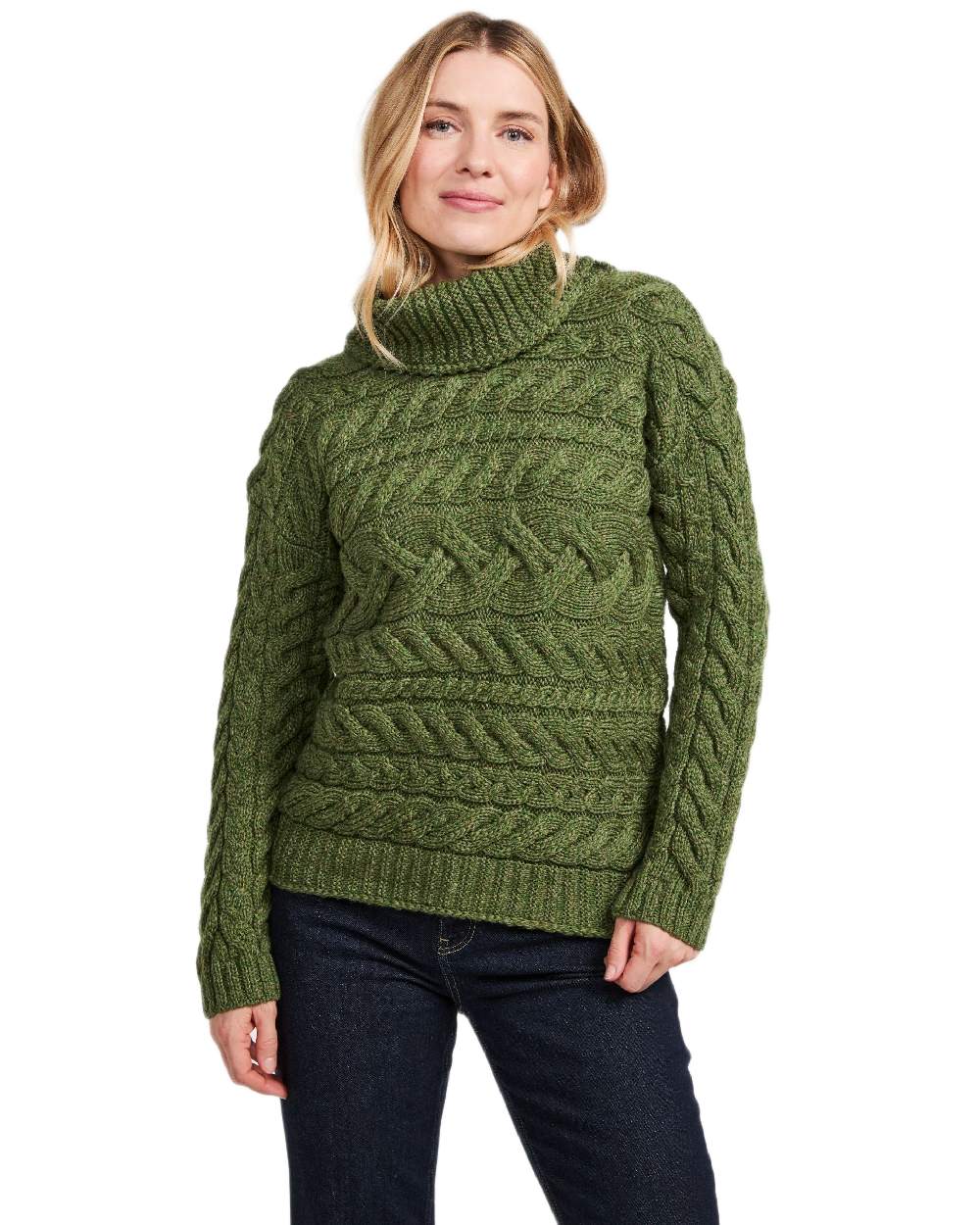 Green Coloured Aran Womens Derreen Horizontal Cable Sweater on white background 