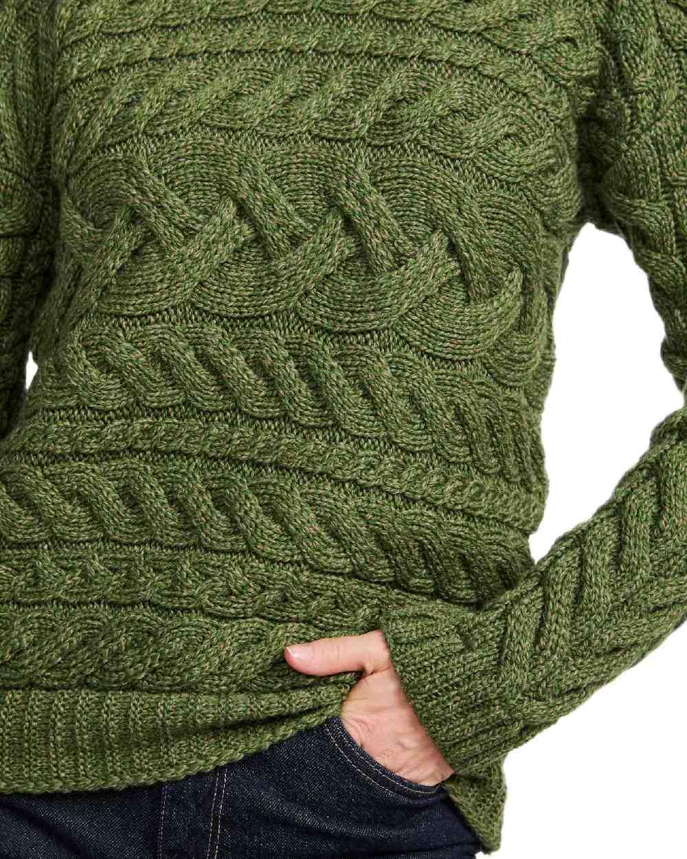 Green Coloured Aran Womens Derreen Horizontal Cable Sweater on white background 