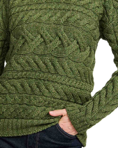 Green Coloured Aran Womens Derreen Horizontal Cable Sweater on white background 