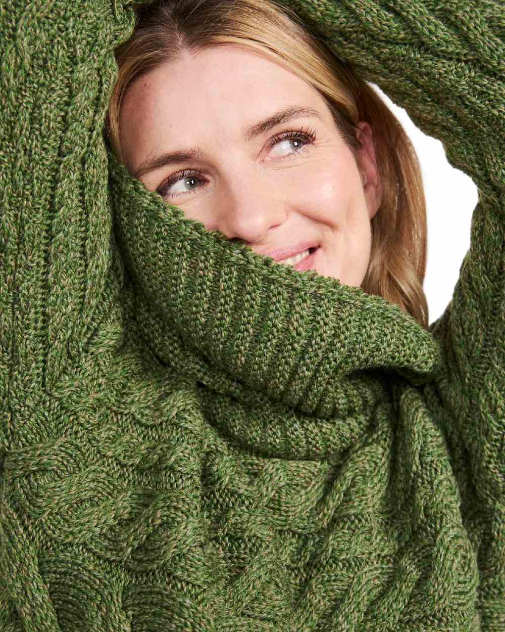 Green Coloured Aran Womens Derreen Horizontal Cable Sweater on white background 