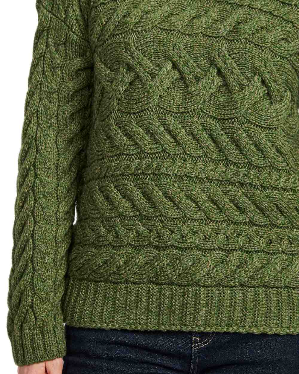 Green Coloured Aran Womens Derreen Horizontal Cable Sweater on white background 