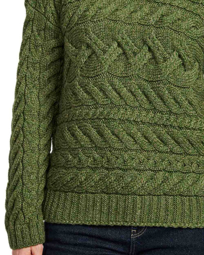 Green Coloured Aran Womens Derreen Horizontal Cable Sweater on white background 