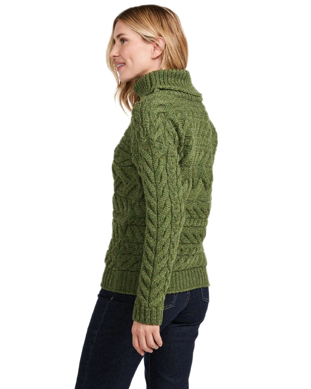 Green Coloured Aran Womens Derreen Horizontal Cable Sweater on white background 