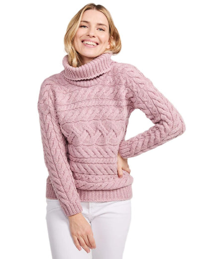 Pink Coloured Aran Womens Derreen Horizontal Cable Sweater on white background 