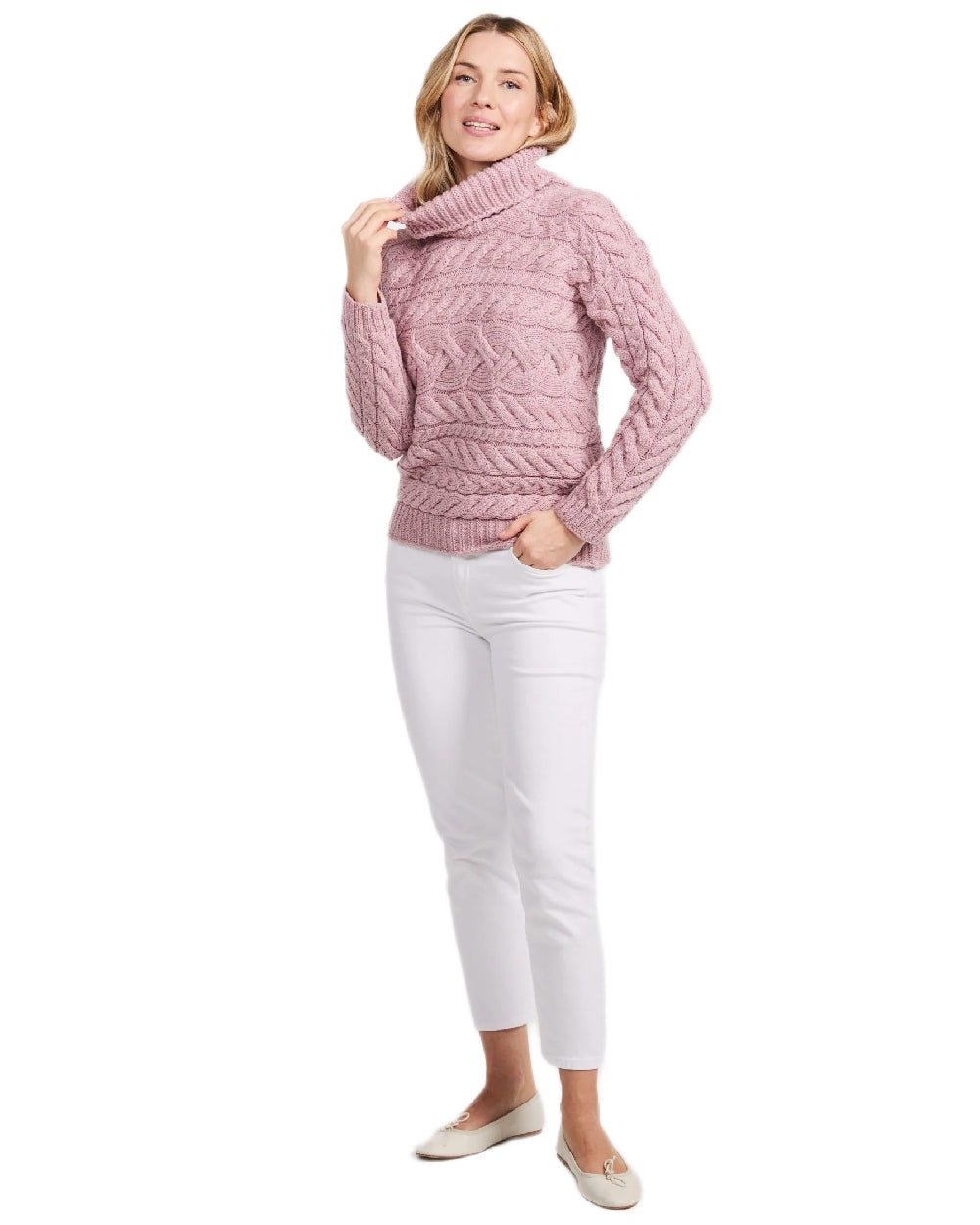 Pink Coloured Aran Womens Derreen Horizontal Cable Sweater on white background 