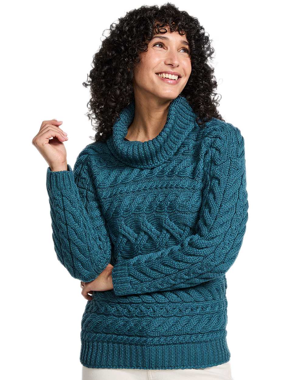 Teal Coloured Aran Womens Derreen Horizontal Cable Sweater on white background 