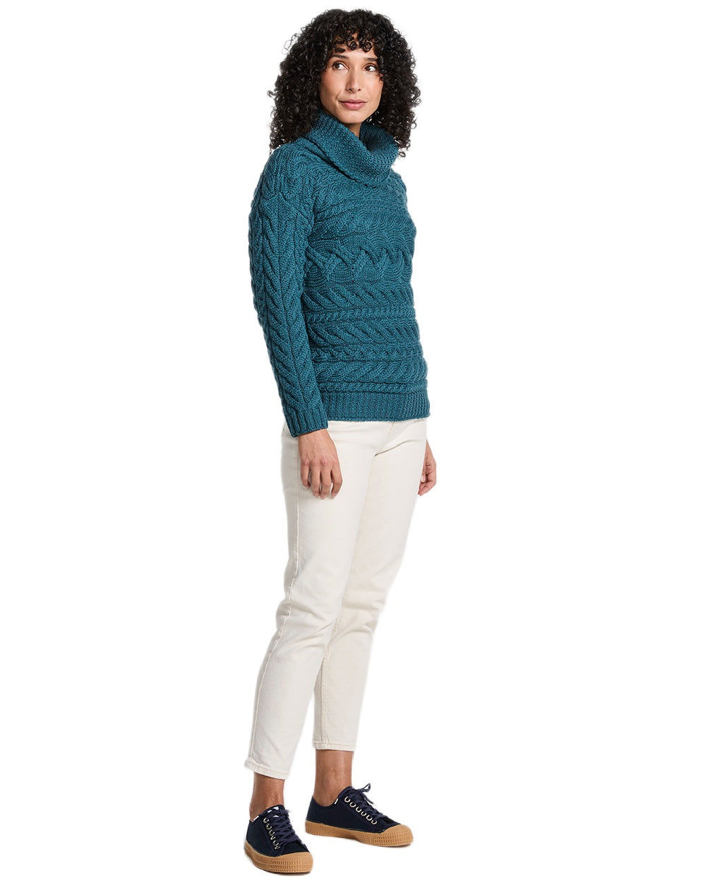 Teal Coloured Aran Womens Derreen Horizontal Cable Sweater on white background 