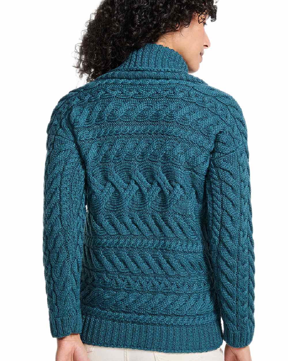 Teal Coloured Aran Womens Derreen Horizontal Cable Sweater on white background 