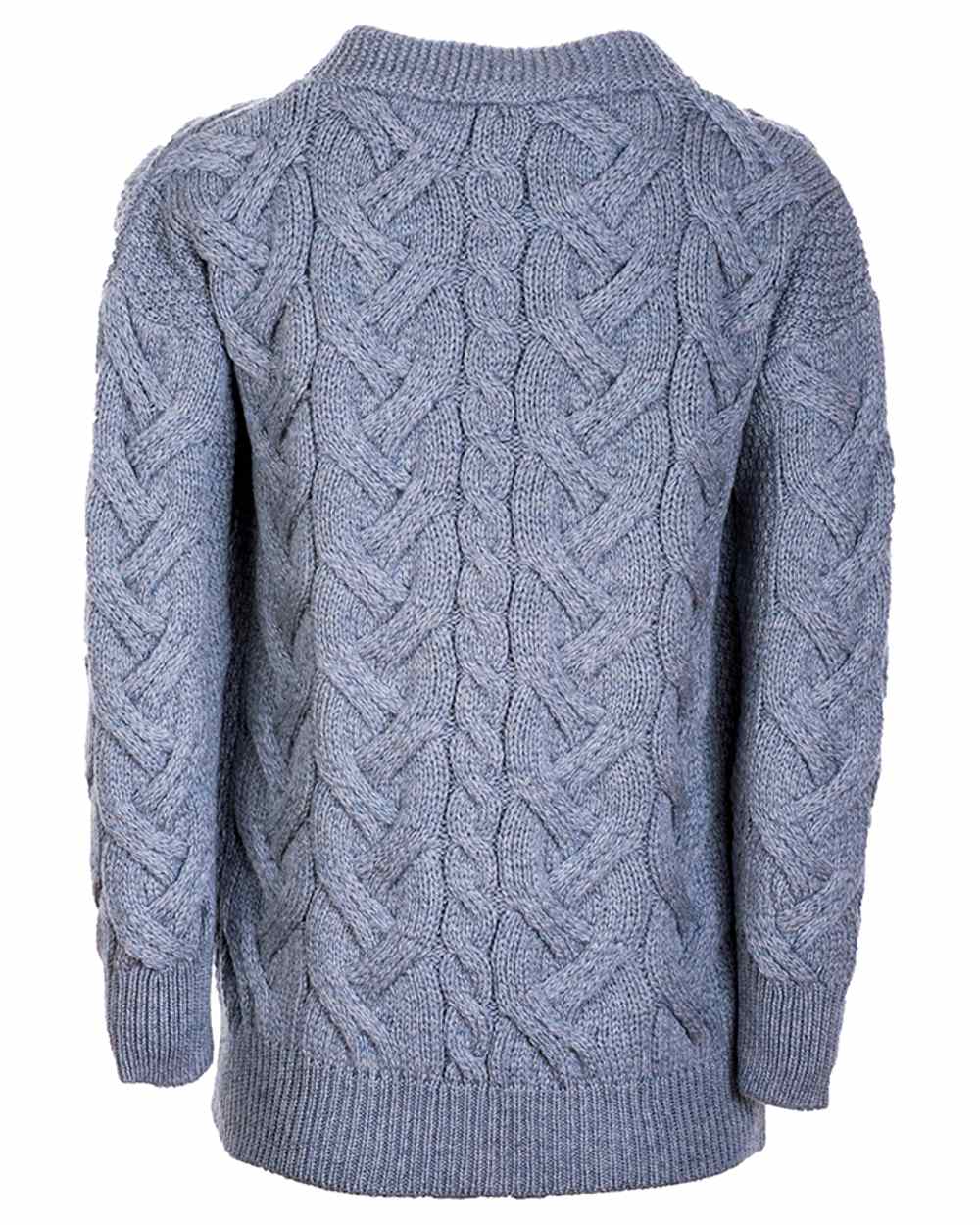 Denim coloured Aran Womens Downpatrick Cardigan on white background 