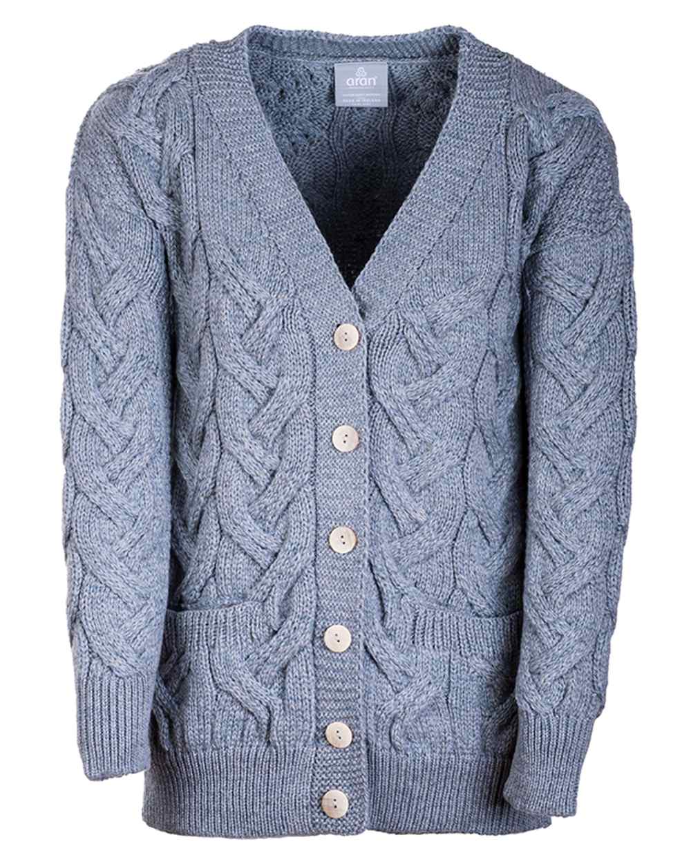 Denim coloured Aran Womens Downpatrick Cardigan on white background 