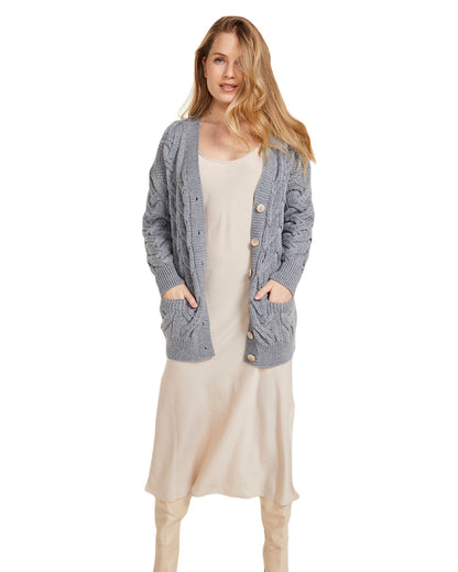 Denim coloured Aran Womens Downpatrick Cardigan on white background 