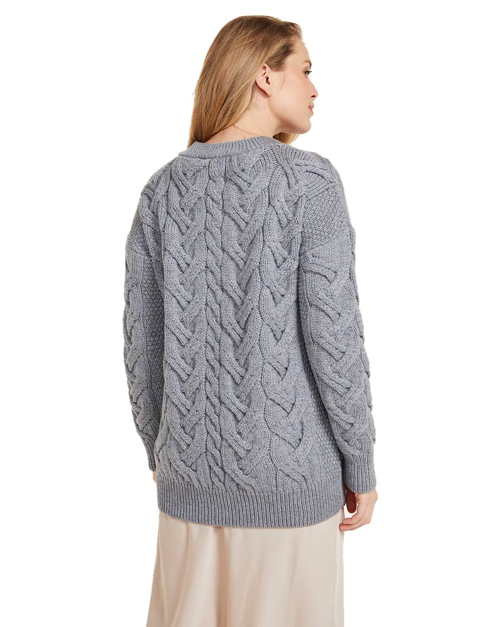 Denim coloured Aran Womens Downpatrick Cardigan on white background 