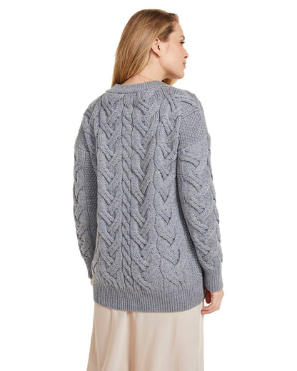 Denim coloured Aran Womens Downpatrick Cardigan on white background 