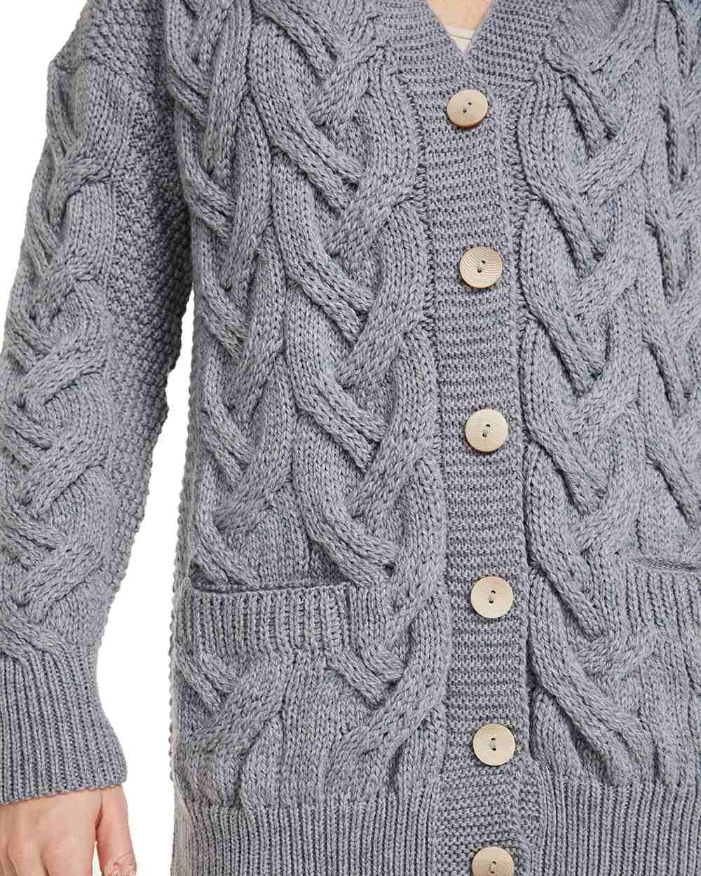 Denim coloured Aran Womens Downpatrick Cardigan on white background 