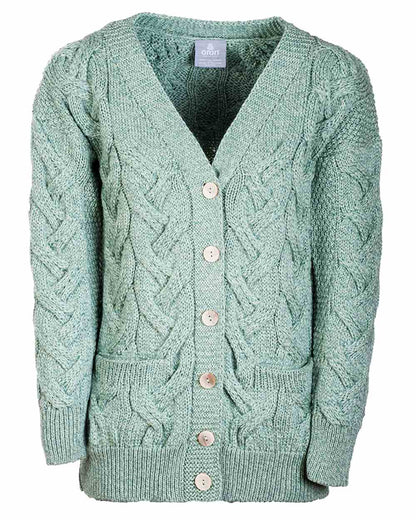 Mint coloured Aran Womens Downpatrick Cardigan on white background 