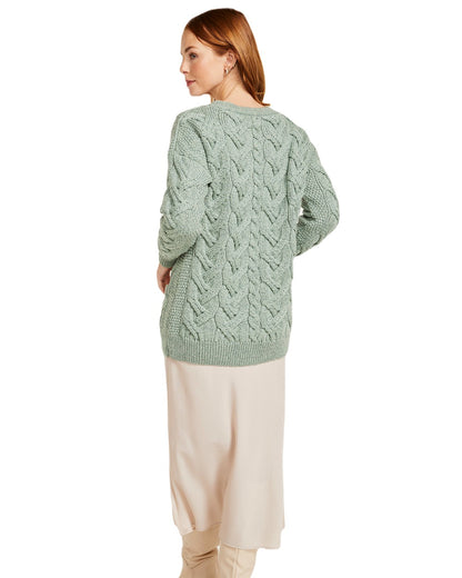 Mint coloured Aran Womens Downpatrick Cardigan on white background 