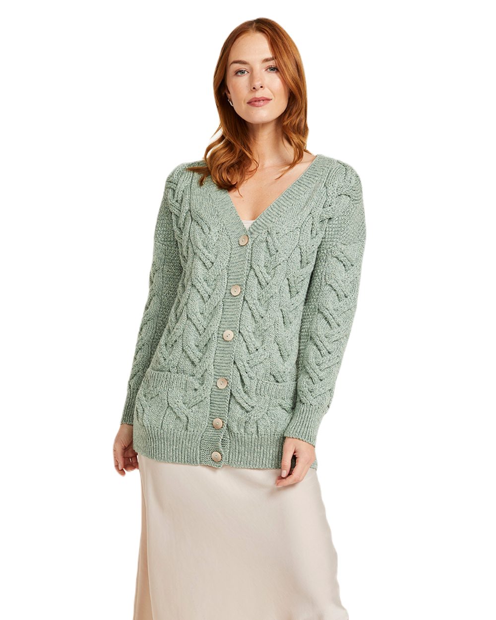 Mint coloured Aran Womens Downpatrick Cardigan on white background 