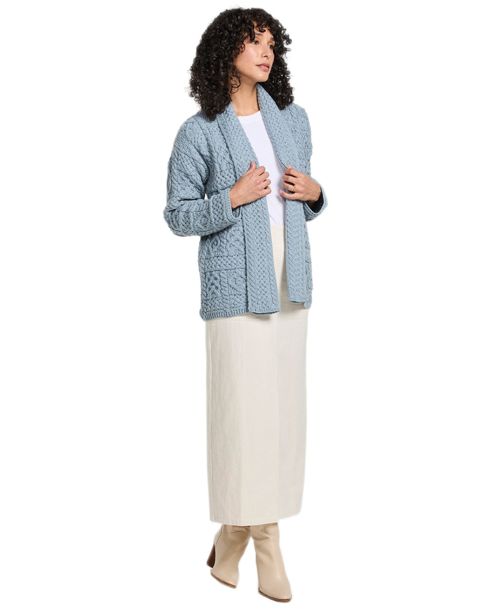 Blue Coloured Aran Womens Liffey Merino Shawl Cardigan on white background 