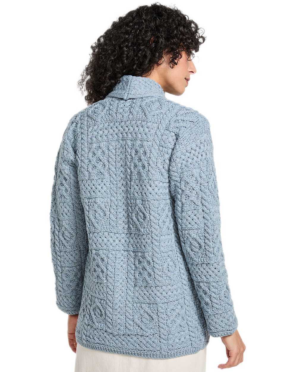 Blue Coloured Aran Womens Liffey Merino Shawl Cardigan on white background 