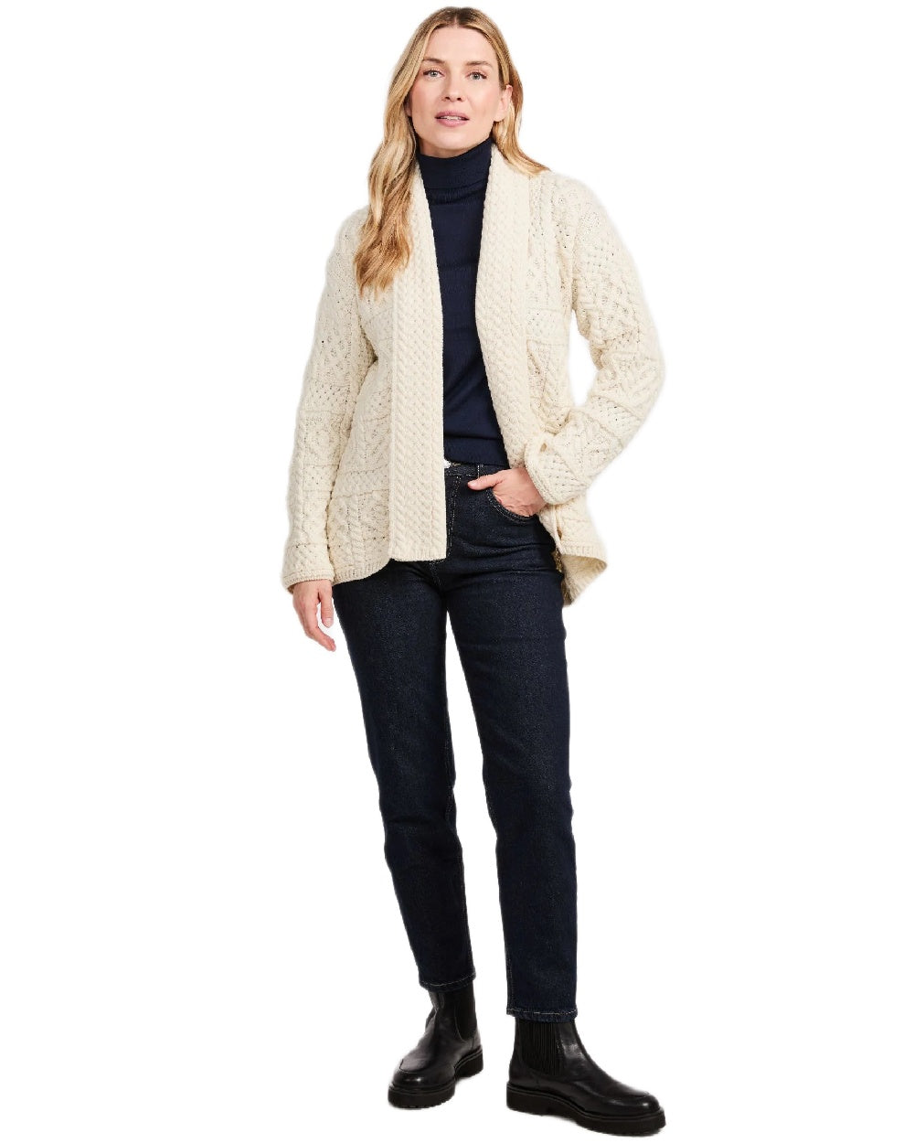 Cream Coloured Aran Womens Liffey Merino Shawl Cardigan on white background 