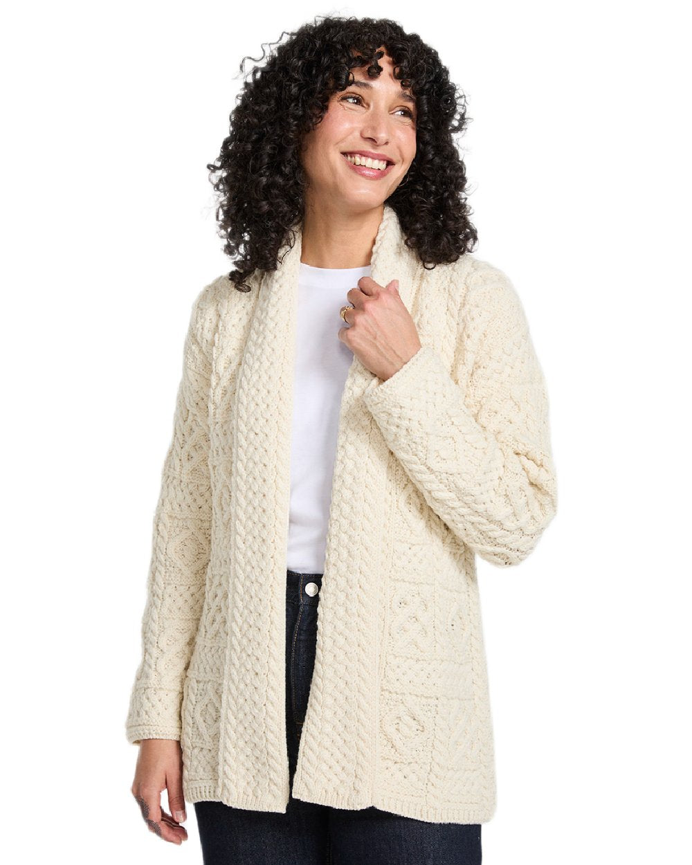 Cream Coloured Aran Womens Liffey Merino Shawl Cardigan on white background 