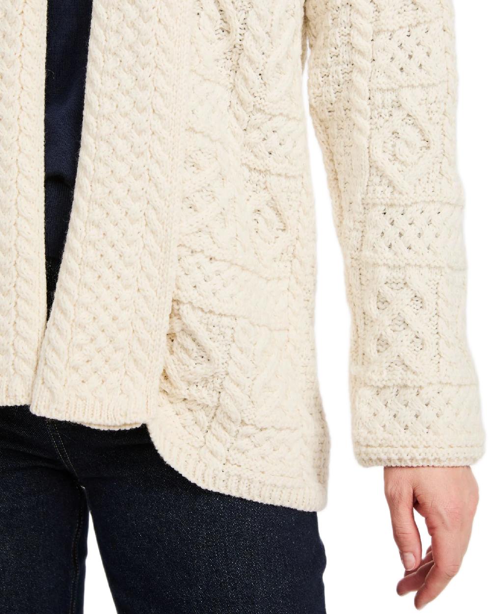 Cream Coloured Aran Womens Liffey Merino Shawl Cardigan on white background 
