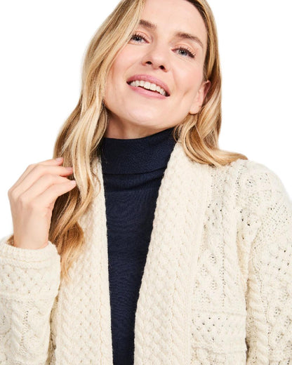 Cream Coloured Aran Womens Liffey Merino Shawl Cardigan on white background 