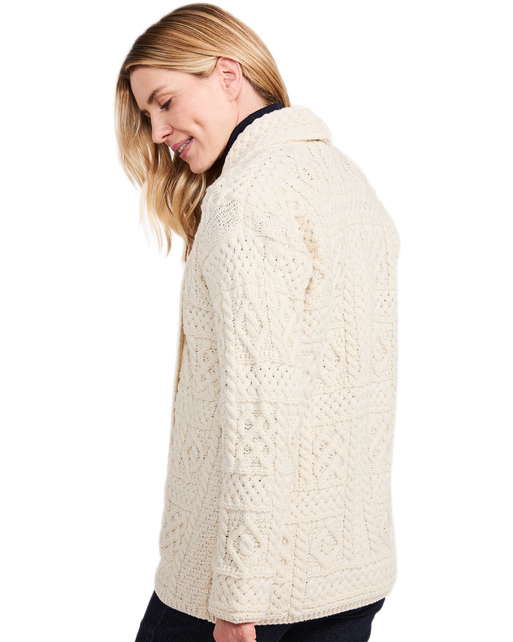 Cream Coloured Aran Womens Liffey Merino Shawl Cardigan on white background 