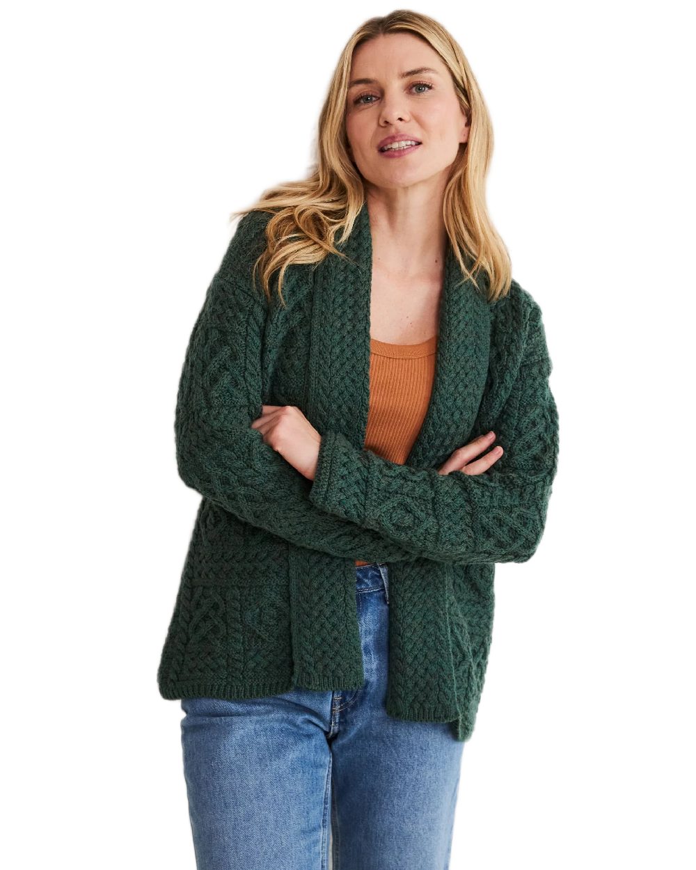 Green Coloured Aran Womens Liffey Merino Shawl Cardigan on white background 