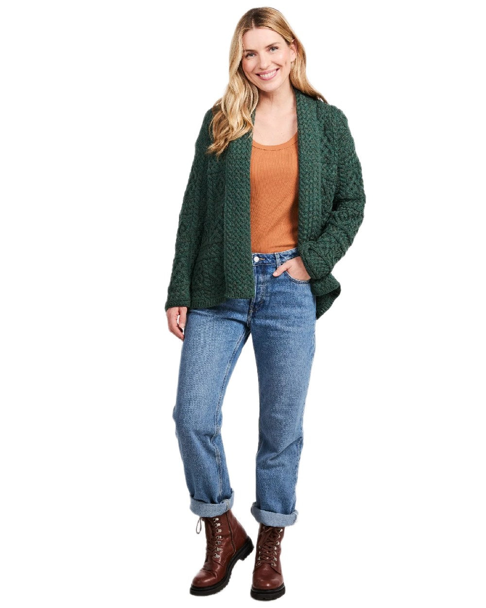 Green Coloured Aran Womens Liffey Merino Shawl Cardigan on white background 