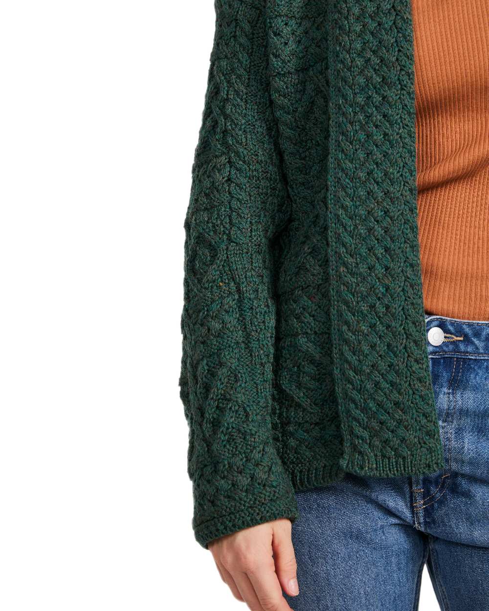 Green Coloured Aran Womens Liffey Merino Shawl Cardigan on white background 