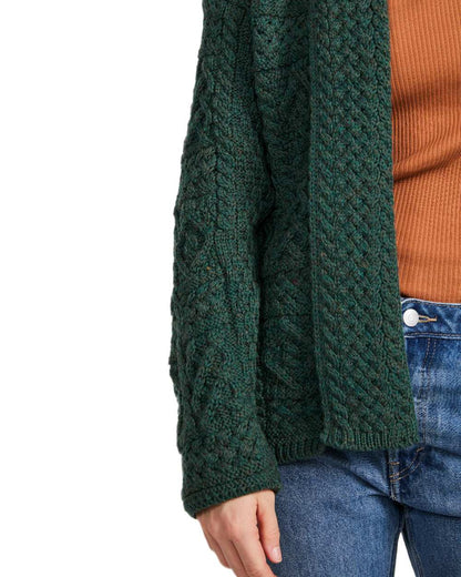 Green Coloured Aran Womens Liffey Merino Shawl Cardigan on white background 