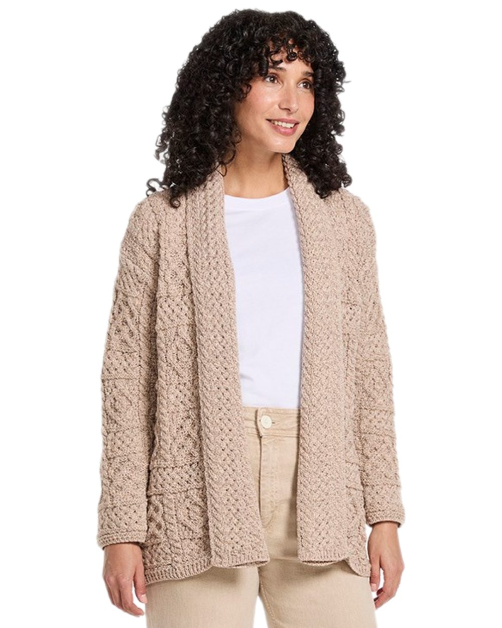 Oat Coloured Aran Womens Liffey Merino Shawl Cardigan on white background 
