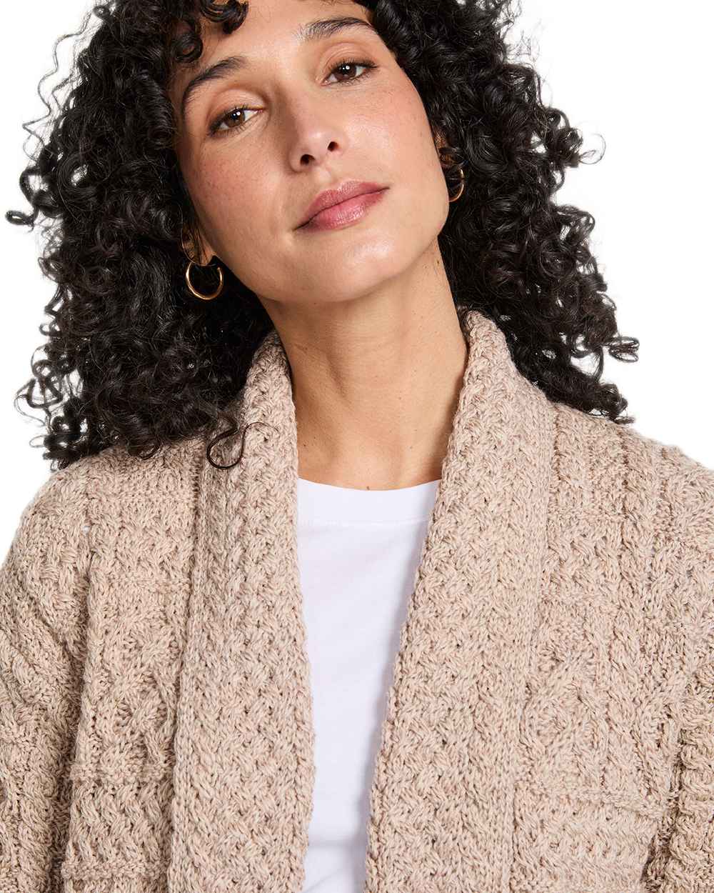 Oat Coloured Aran Womens Liffey Merino Shawl Cardigan on white background 