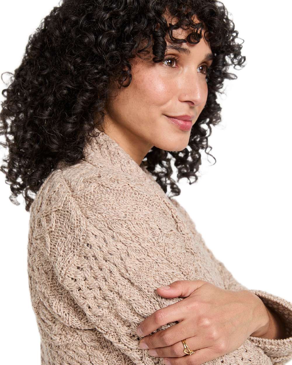 Oat Coloured Aran Womens Liffey Merino Shawl Cardigan on white background 