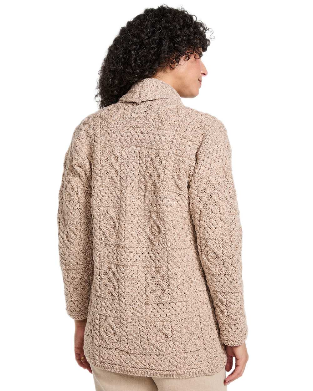 Oat Coloured Aran Womens Liffey Merino Shawl Cardigan on white background 