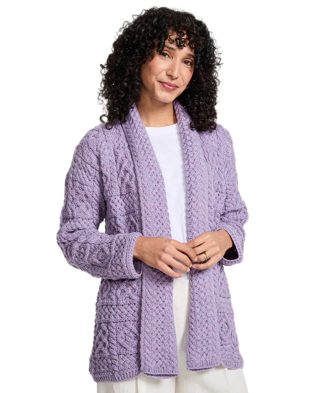 Soft Lilac Coloured Aran Womens Liffey Merino Shawl Cardigan on white background 