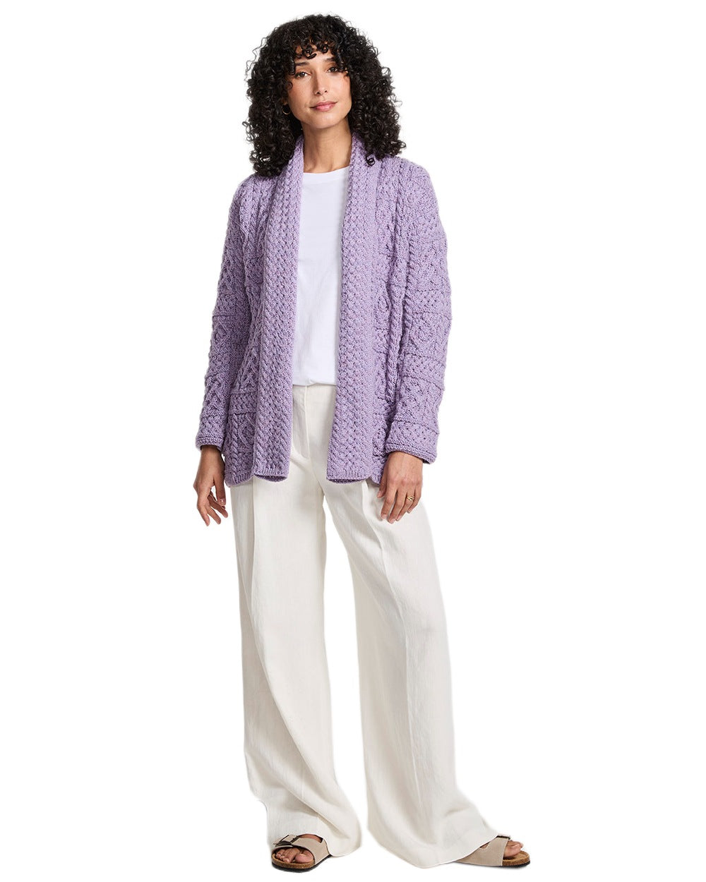 Soft Lilac Coloured Aran Womens Liffey Merino Shawl Cardigan on white background 
