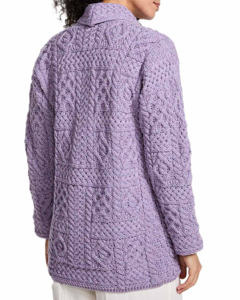 Soft Lilac Coloured Aran Womens Liffey Merino Shawl Cardigan on white background 