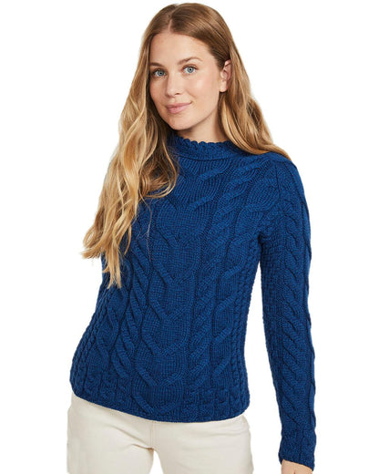 Blue Coloured Aran Womens Listowel Cabled Sweater on white background 