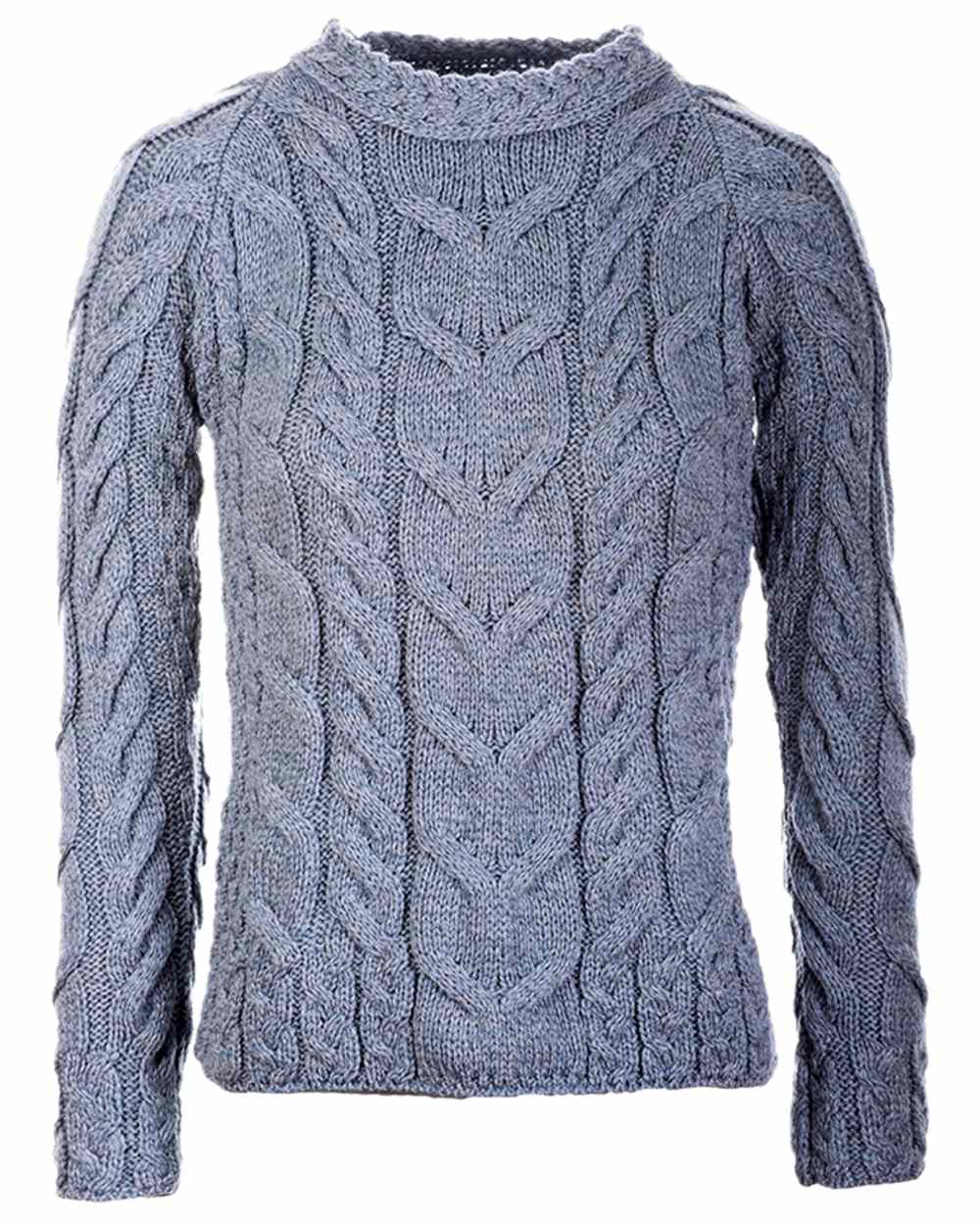 Light Grey Coloured Aran Womens Listowel Cabled Sweater on white background 