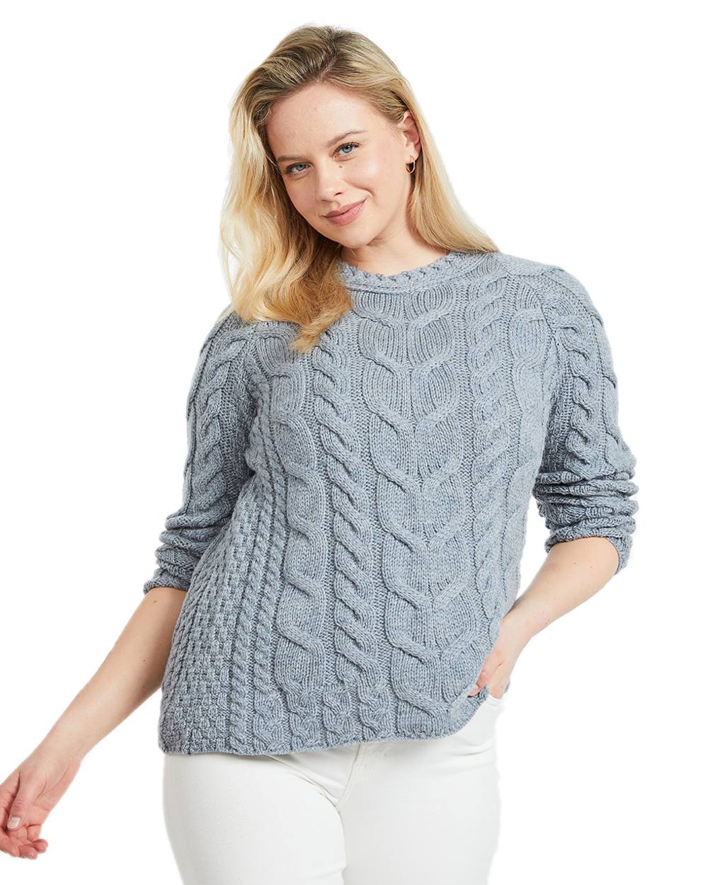 Light Grey Coloured Aran Womens Listowel Cabled Sweater on white background 