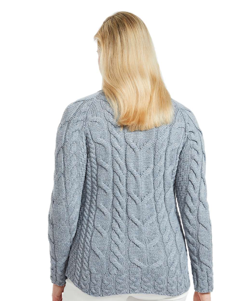 Light Grey Coloured Aran Womens Listowel Cabled Sweater on white background 