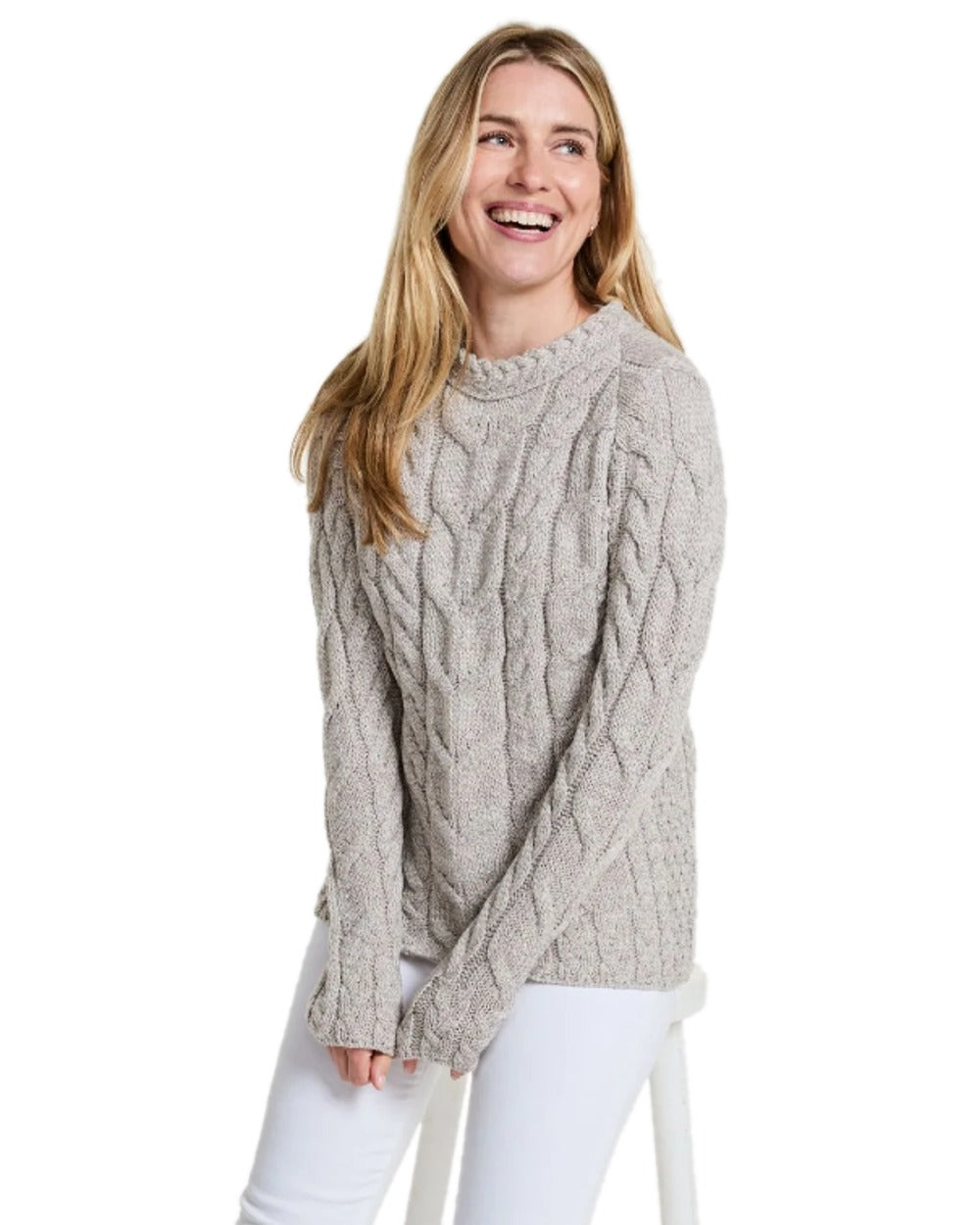 Oat Coloured Aran Womens Listowel Cabled Sweater on white background 