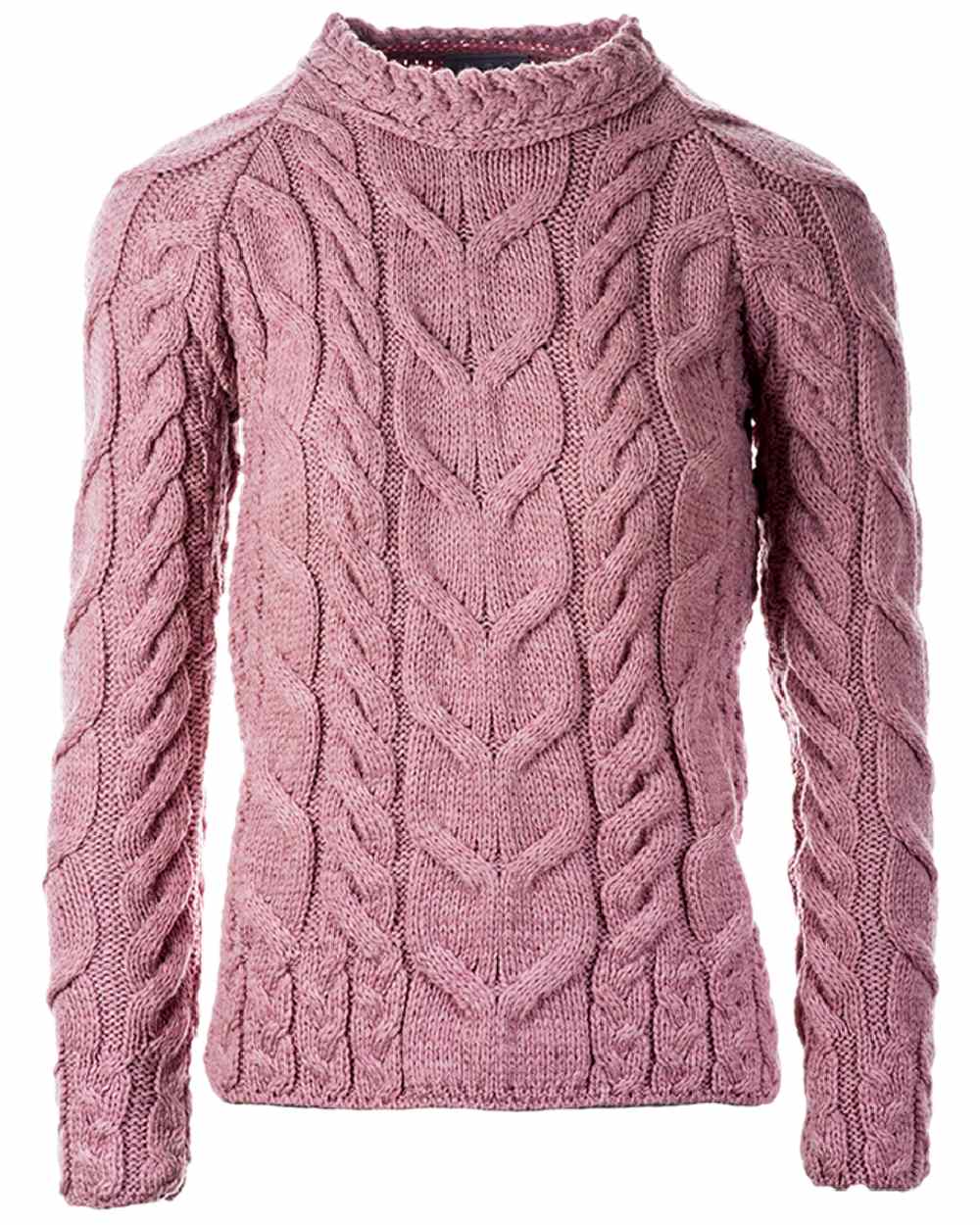 Pink Coloured Aran Womens Listowel Cabled Sweater on curtain background 