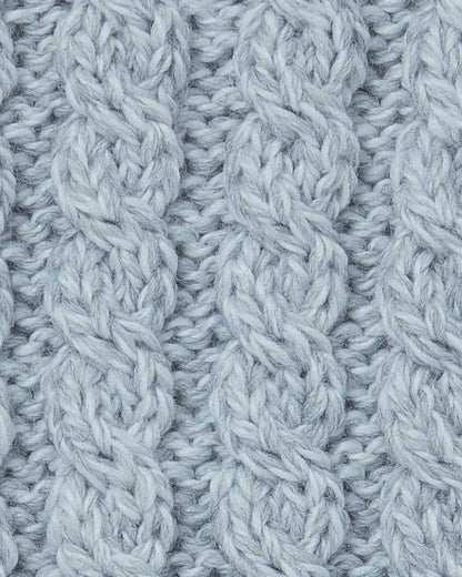 Blue Grey coloured Aran Womens Multi Cable Headband With Buttons on white background 