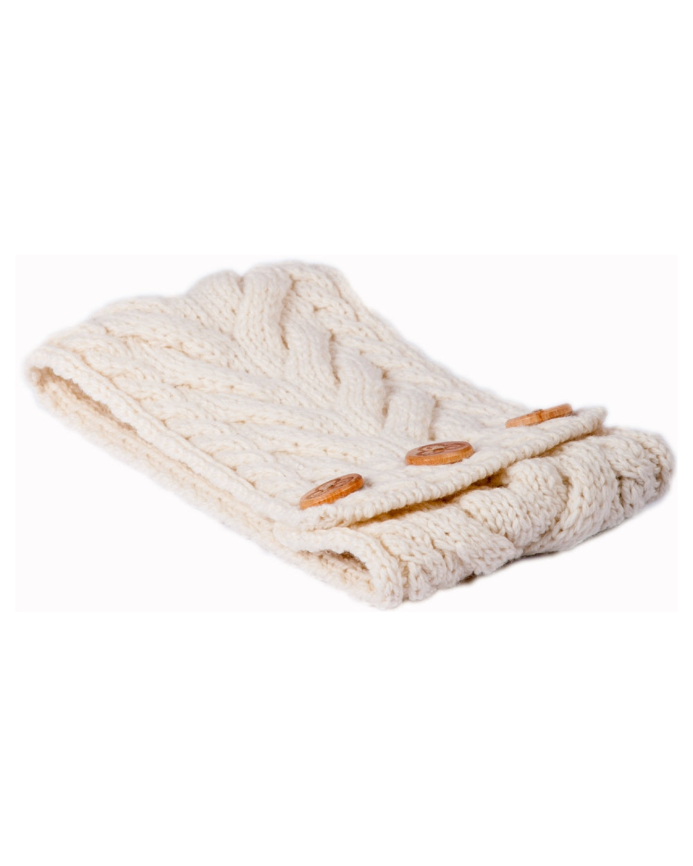 Cream coloured Aran Womens Multi Cable Headband With Buttons on white background 