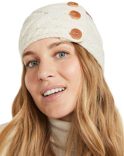 Cream coloured Aran Womens Multi Cable Headband With Buttons on white background 