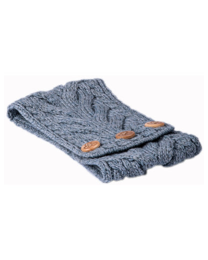 Denim coloured Aran Womens Multi Cable Headband With Buttons on white background 